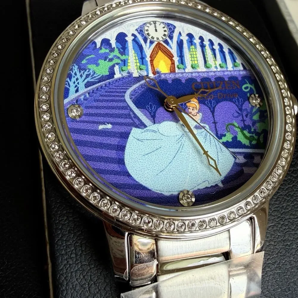 Citizen Disney Cinderella Eco-Drive Watch FE7041-51W Crystal Pin Box Set NWT